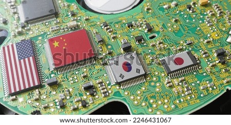 Microchip, processor and CPU producer countries of the World. Flags of Japan, China, USA and Korea on the chips.  