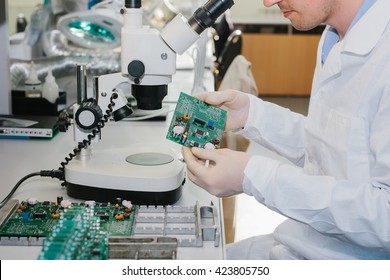 Microchip Production Factory. Computer Expert