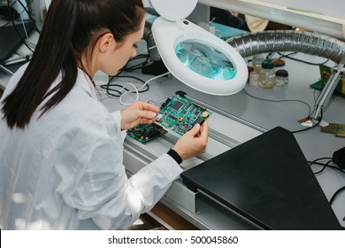 Microchip Production Factory. Technological Process. Assembling The Board. Chip. Professional. Technician. Computer Expert. Manufacturing. Engineering.