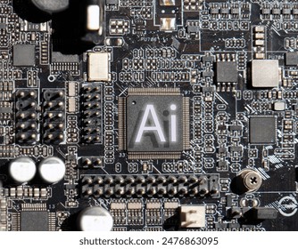 Microchips, processors and semiconductor componets on an electronic circuit board. AI technology in microelectronics industry concept background. 
