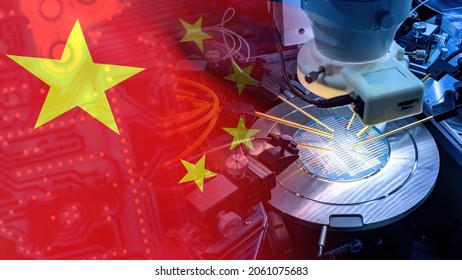 Microelectronics In China. Production Of Computer Boards In PRC. China Flag Near Microprocessor Manufacturing. Microelectronics Industry In PRC. Automated Production Of Microprocessors. PCB Industry