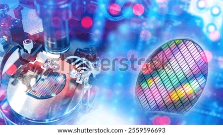 Microelectronics production. Manufacturing microchips. Equipment for creating semiconductors. Microelectronics industry. Fragment microprocessor under microscope. Microelectronics soldering machine.