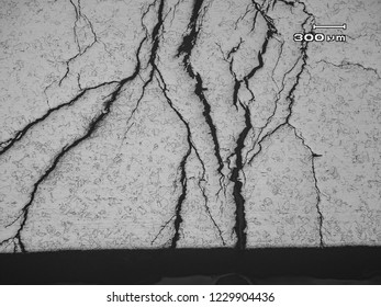 Micrograph of stress corrosion cracking in austenitic stainless steel type 304. They were branchy and transgranular caused by contact to Chloride ions and residual tensile stress in the steel.