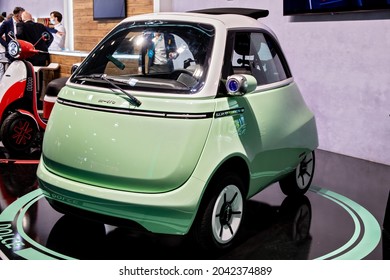 Microlino 2.0 Dolce electric vehicle showcased at the IAA Mobility 2021 motor show in Munich, Germany - September 6, 2021.