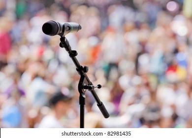 Microphone Awaiting The Next Performer At An Outdoor Concert On A Sunny Summer Afternoon In UK