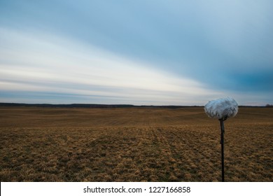 Microphone Blimp Standing In The Field, Recording Ambient Sound Effects. 