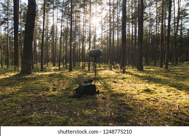 Microphone Field Recording Setup In The Forest. 