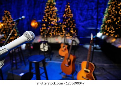 Microphone And Guitars On Stage During Christmas Holiday Show