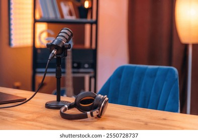 Microphone and headphones are on the table, room for podcasts.