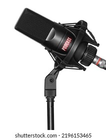 Microphone Isolated On White Background. Condencer Mic For Studio Recording Voice Podcasts