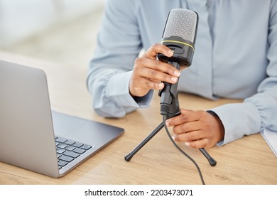 Microphone, Laptop Or Hands Of Black Woman On Podcast, Blogger Or Podcaster Recording. Talking On Mic For Talk Show, Radio Host Or Audio Equipment For Live Broadcast, Influencer Speaking Or Dialogue