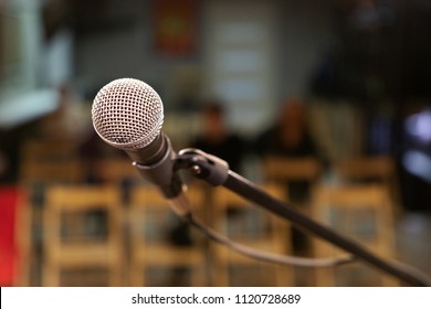 A Microphone With A Metal Grid On The Stage, Will Sing For The Audience, A Small Concert Hall