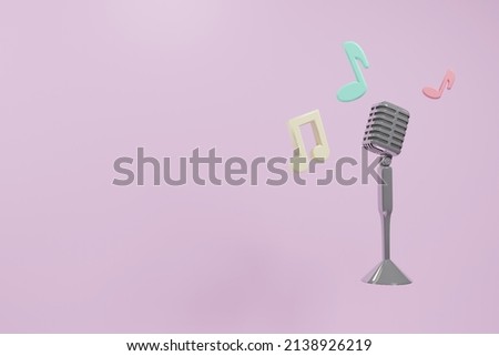 Microphone with music note on pink background. Musical template chrome mic with stand copy space. 3D rendering image.