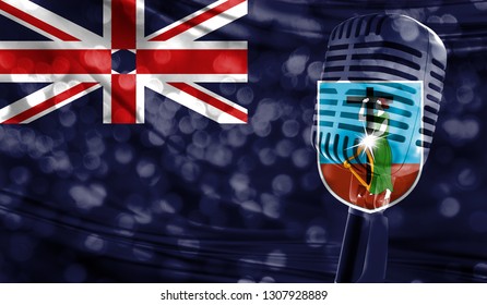 Microphone on a background of a blurry Montserrat flag close-up - Shutterstock ID 1307928889