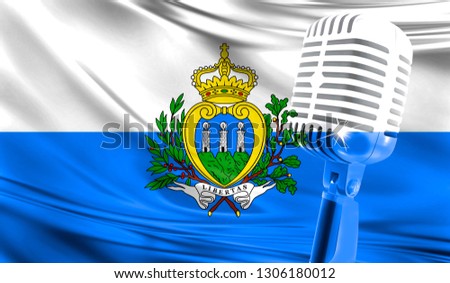 Microphone on fabric background of flag of San marino close-up