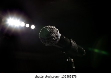 Microphone On The Stage And Empty Hall During The Rehearsal