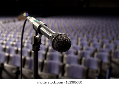 Microphone On The Stage And Empty Hall During The Rehearsal