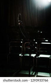 Microphone on the stage in front of empty rows of black chairs in small dark audience hall in projector backlight