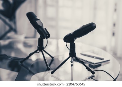 The Microphone Is On The Table For Podcast In Home Studio.