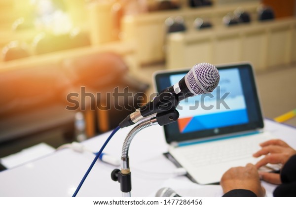 Microphone On Teaching Desk Presentation Stage Stock Photo Edit