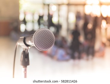 Microphone with place your text, Microphone in concert hall or conference room. Studio equipment.