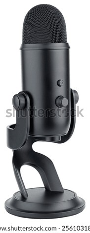 Microphone. Professional dynamic or condenser microphone. ASMR Radio broadcasting or podcast microphone with shock or anti vibration mount on stand. Mic with windshield. Recording voice, music or song