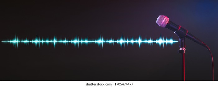 Microphone And Radio Wave On Dark Background. Banner Design