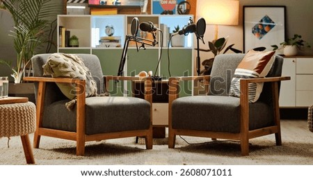 Microphone, recording and setup for live streaming in studio, broadcast and announcement. Equipment, empty room and podcast with talk show for radio services, media production and entertainment audio