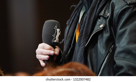 Microphone is seen at the 'The Souvenir' press conference during the 69th Berlinale International Film Festival Berlin at Grand Hyatt Hotel on February 12, 2019 in Berlin, Germany.                    
