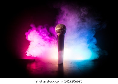 Microphone for sound, music, karaoke in audio studio or stage. Mic technology. Voice, concert entertainment background. Speech broadcast equipment. Live pop, rock musical performance - Powered by Shutterstock