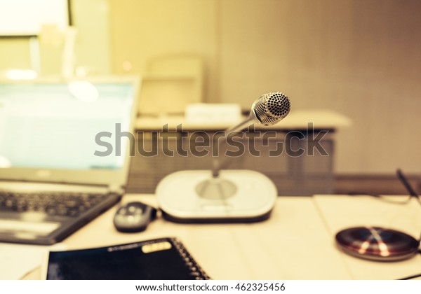 Microphone Speaker Phone Seminar Room Against Stock Photo Edit