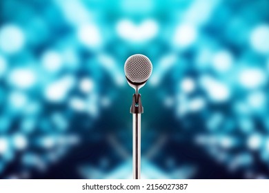 Microphone With Stage Light Background For Performance Concept Of Speech Comment And Public Speaking