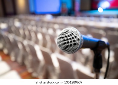 Microphone Stand Abstract Blurred Photo In Conference Hall Or Seminar Room Background, No People, 