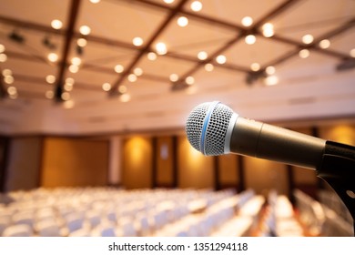 Microphone Stand Abstract Blurred Photo In Conference Hall Or Seminar Room Background, No People, 