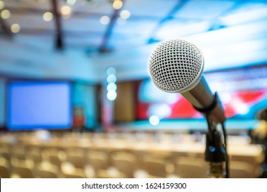 Microphone Stand Abstract Blurred Photo In Conference Hall Or Seminar Room Background, No People, 