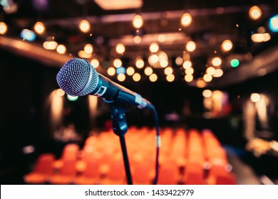 Microphone Stand In An Event Hall, Lights, No People