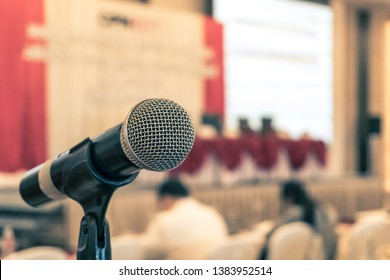 Microphone Voice Speaker In Business Seminar, Speech Presentation, Town Hall Meeting, Lecture Hall Or Conference Room In Corporate Or Community Event For Host Or Public Hearing