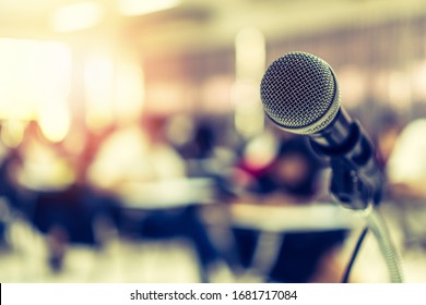 Microphone Voice Speaker In Business Seminar, Speech Presentation, Town Hall Meeting, Lecture Hall Or Conference Room In Corporate Or Community Event For Host Or Townhall Public Hearing