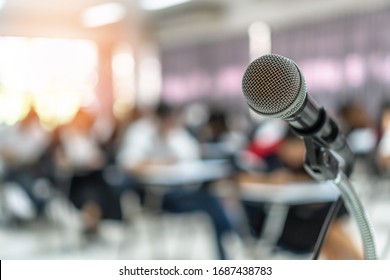 Microphone Voice Speaker In Business Seminar, Speech Presentation, Town Hall Meeting, Lecture Hall Or Conference Room In Corporate Or Community Event For Host Or Townhall Public Hearing