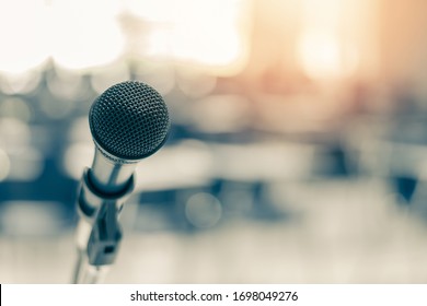 Microphone Voice Speaker In Business Seminar, Speech Presentation, Town Hall Meeting, Lecture Hall Or Conference Room In Corporate Or Community Event For Host Or Townhall Public Hearing