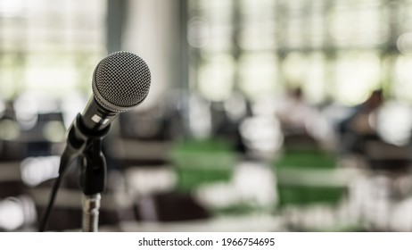 Microphone Voice Speaker In Business Seminar, Speech Presentation, Town Hall Meeting, Lecture Hall Or Conference Room In Corporate Or Community Event For Host Or Townhall Public Hearing