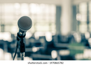 Microphone Voice Speaker In Business Seminar, Speech Presentation, Town Hall Meeting, Lecture Hall Or Conference Room In Corporate Or Community Event For Host Or Townhall Public Hearing