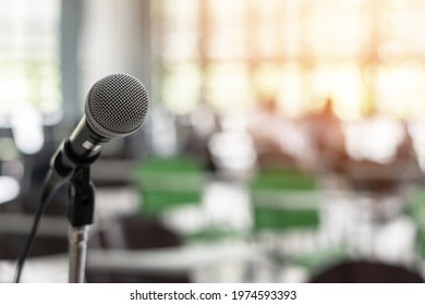 Microphone Voice Speaker In Business Seminar, Speech Presentation, Town Hall Meeting, Lecture Hall Or Conference Room In Corporate Or Community Event For Host Or Townhall Public Hearing