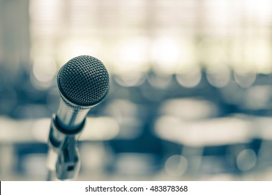 Microphone Voice Speaker In School Lecture Hall, Seminar Meeting Room Or Educational Business Conference Event For Host, Teacher Or Coaching Mentor