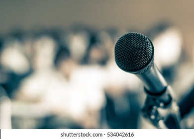 Microphone Voice Speaker In Seminar Classroom, Lecture Hall Or Conference Meeting In Educational Business Event For Host, Teacher, Or Coaching Mentor 