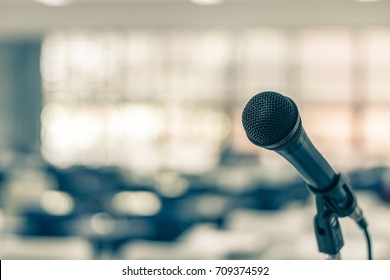 Microphone Voice Speaker In Seminar Classroom, Lecture Hall Or Conference Meeting In Educational Business Event For Host, Teacher, Or Coaching Mentor