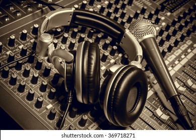 Microphone,headphone,sound Mixer Background.