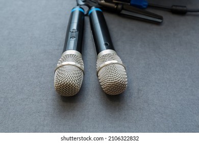 Microphones On The Table, Online Broadcast, Podcast, Equipment, Speech, Seminar, Conference, Recording In The Studio,radio, No People