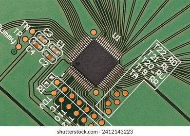 A microprocessor board, close-up, with a craquelure effect applied. Macro photography