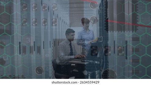 Microprocessor connections over caucasian male and female engineers working at server room. Business and cloud data storage technology concept - Powered by Shutterstock - Get 15% off with code: PIKWIZARD15